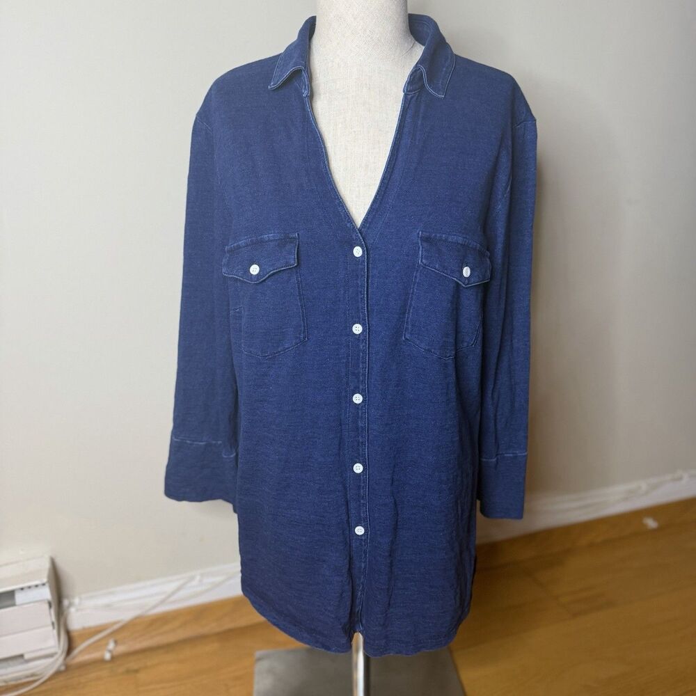 J.McLaughlin Brynn Top Solid Denim Button Up Shirt Blue XL EUC Coastal Preppy